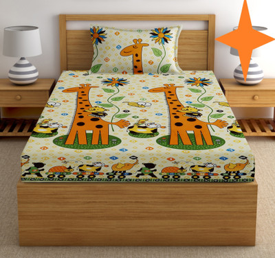 EXFAB 244 TC Cotton Single Printed Fitted (Elastic) Bedsheet(Pack of 1, Orange)