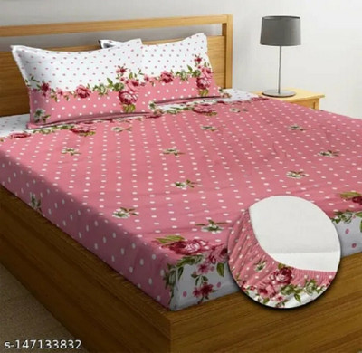 New leaf 220 TC Cotton Double 3D Printed Fitted (Elastic) Bedsheet(Pack of 1, Multicolor)