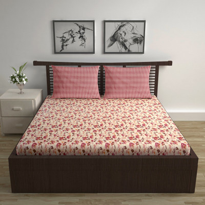 Divine Casa Cotton Double Flat 144 TC Floral Bedsheet(Pack of 1, Beige & Rose Red)