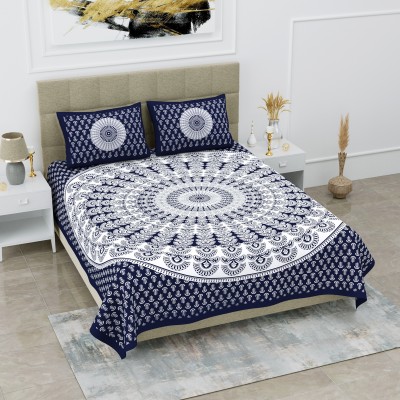 Poorak 104 TC Cotton Double Jaipuri Prints Flat Bedsheet(Pack of 1, Blue)