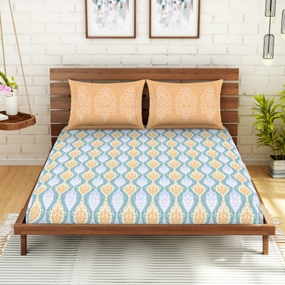 SPACES 210 TC Cotton Double Printed Flat Bedsheet(Pack of 1, Light Blue)