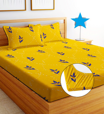 EXFAB 244 TC Cotton Double Printed Fitted (Elastic) Bedsheet(Pack of 1, Yellow)