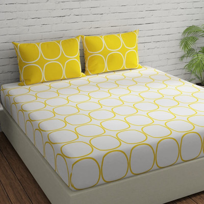 Huesland Cotton Double Flat 144 TC Printed Bedsheet(Pack of 1, White & Yellow)