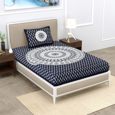 Rangun 120 TC Cotton Single Jaipuri Prints Flat Bedsheet(Pack of 1, Blue)