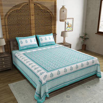 Blocks Of India Cotton Double Flat 200 TC Printed Bedsheet(Pack of 1, Turquoise)