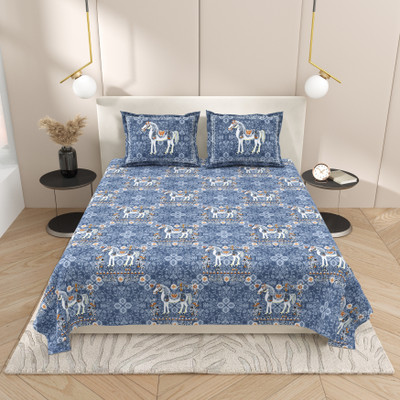 feya Cotton King Flat 180 TC Jaipuri Prints Bedsheet(Pack of 1, Blue White)