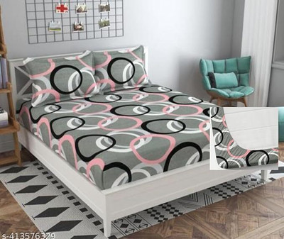 ARDM 210 TC Cotton Double Abstract Fitted (Elastic) Bedsheet(Pack of 1, Grey)