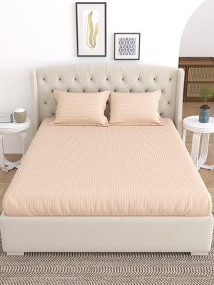 LINENWALAS 300 TC Cotton Double Striped Fitted (Elastic) Bedsheet(Pack of 1, Beige)