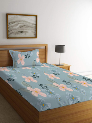 LOOMLYFE 210 TC Cotton Single Printed Fitted (Elastic) Bedsheet(Pack of 1, SkyPeachFlower)