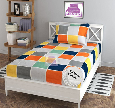 DECOMIZER 210 TC Cotton Single Printed Fitted (Elastic) Bedsheet(Pack of 1, Multicolor)