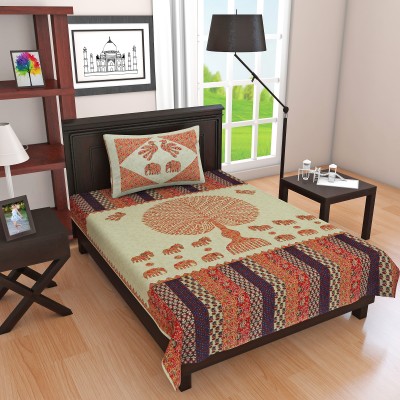 MSKS 144 TC Cotton Single Jaipuri Prints Flat Bedsheet(Pack of 1, Orange)
