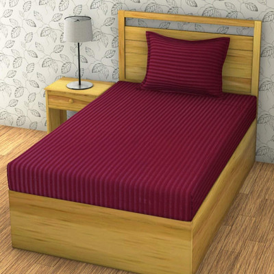 Priscilla 200 TC Satin Single Striped Fitted (Elastic) Bedsheet(Pack of 1, Wine)