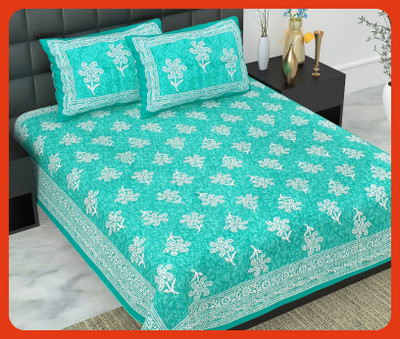 BedZone Cotton Double Flat 240 TC Jaipuri Prints Bedsheet(Pack of 1, Sky)