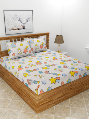 BREVARD Polycotton Queen Flat 210 TC Printed Bedsheet(Pack of 1, Offwhite)
