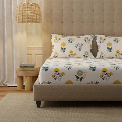 Urban Space Cotton Double Flat 200 TC Floral Bedsheet(Pack of 1, Radiance White)
