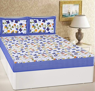 moti 144 TC Cotton Double Jaipuri Prints Flat Bedsheet(Pack of 1, Blue)