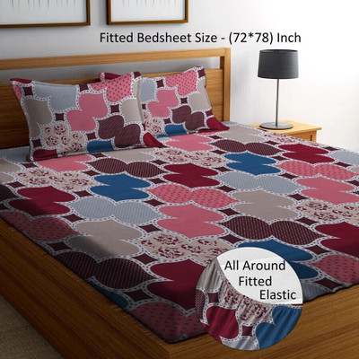 ANTRIN 210 TC Cotton Double 3D Printed Fitted (Elastic) Bedsheet(Pack of 1, Multicolor)