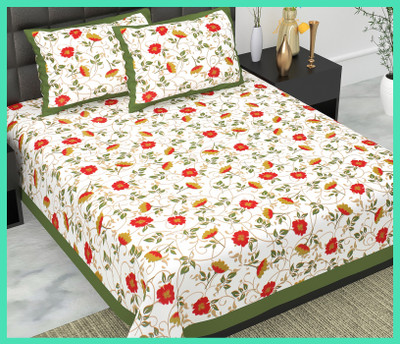 JAIPUR PRINTS Cotton Double Flat 144 TC Jaipuri Prints Bedsheet(Pack of 1, Green)