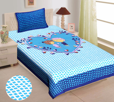 Home@shop Cotton Single Flat 104 TC Printed Bedsheet(Pack of 1, Blue)