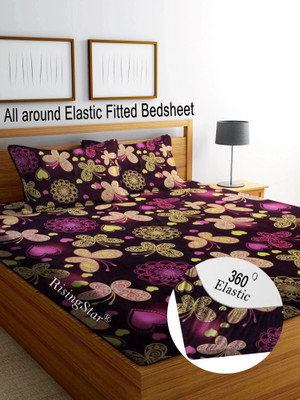 RisingStar Cotton King Fitted (Elastic) 350 TC Floral Bedsheet(Pack of 1, FITTED PREMIUM BROWN RED)