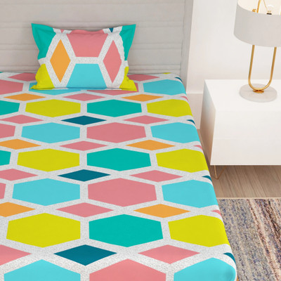 Bedspun Polyester Single Flat 180 TC Printed Bedsheet(Pack of 1, Pink, Yellow)
