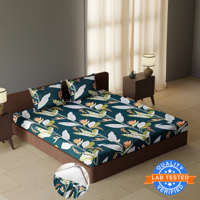 CARLTON LONDON 144 TC Polyester Double Floral Fitted (Elastic) Bedsheet(Pack of 1, Dark Green)