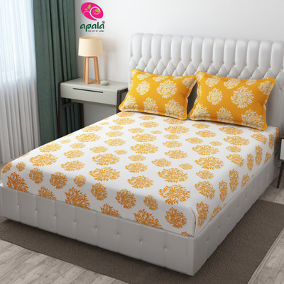 Apala 280 TC Microfiber King Polka Flat Bedsheet(Pack of 1, White & Yellow)