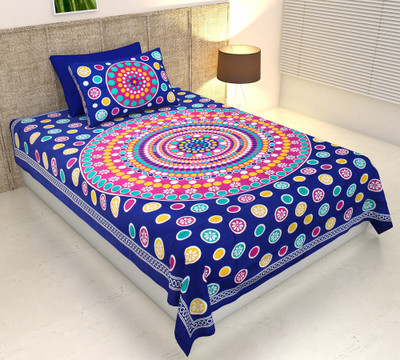 Ubania Collection 140 TC Cotton Single Jaipuri Prints Flat Bedsheet(Pack of 1, Blue)