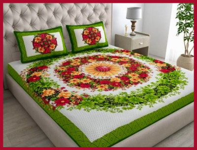 JAIPUR PRINTS 144 TC Cotton Double Jaipuri Prints Flat Bedsheet(Pack of 1, Green)