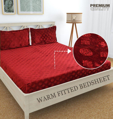 HIDECOR 400 TC Woolen Double Abstract Fitted (Elastic) Bedsheet(Pack of 1, Maroon)