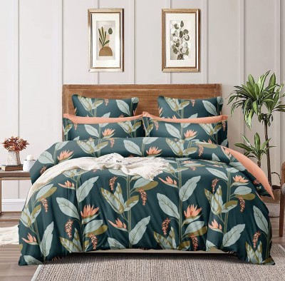 Amrange 210 TC Cotton King Floral Flat Bedsheet(Pack of 1, Green-Leaves)