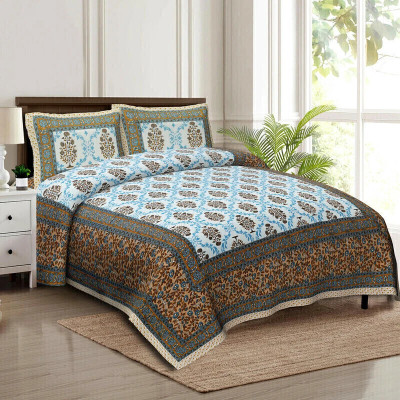 CLOTHOLOGY Cotton King Flat 240 TC Jaipuri Prints Bedsheet(Pack of 1, Blue, Brown, Green)