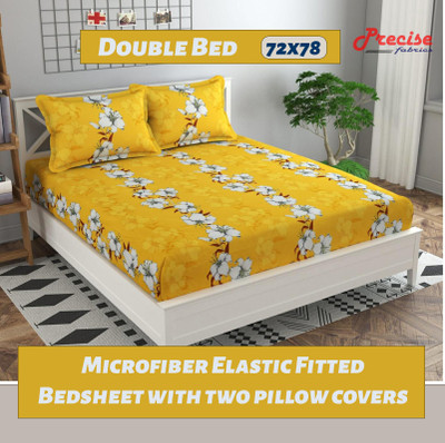 precise fabrics 250 TC Microfiber Double Printed Fitted (Elastic) Bedsheet(Pack of 1, Yellow)