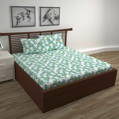 Divine Casa Cotton Double Flat 144 TC Floral Bedsheet(Pack of 1, Teal)