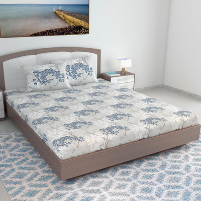 Divine Casa Cotton King Flat 144 TC Floral Bedsheet(Pack of 1, Steel Blue)