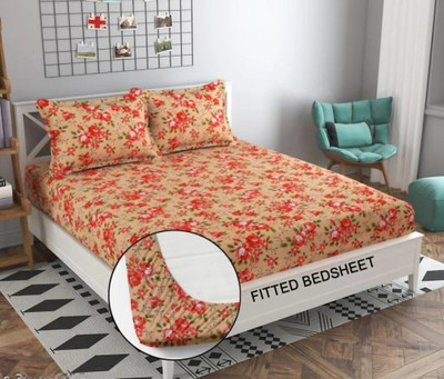 Pinaka 250 TC Microfiber Double 3D Printed Fitted (Elastic) Bedsheet(Pack of 1, Red)
