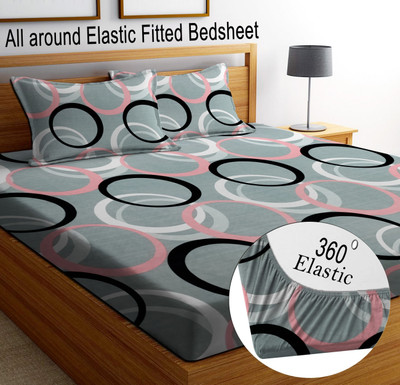 Bedress Cotton Double Fitted (Elastic) 300 TC Printed Bedsheet(Pack of 1, Fitted-Grry-Circle)