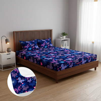 msharn Cotton King Fitted (Elastic) 200 TC Printed Bedsheet(Pack of 1, Blue)
