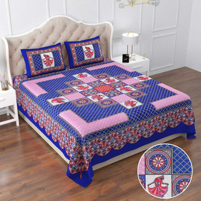 MAGITEXT 228 TC Cotton Double Printed Flat Bedsheet(Pack of 1, Blue)