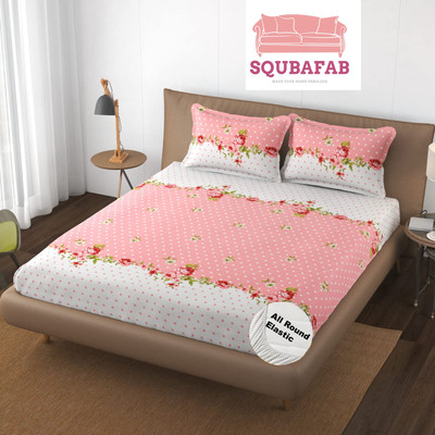 SQUBAFAB Cotton King Fitted (Elastic) 210 TC Printed Bedsheet(Pack of 1, PinkCenterFlower)