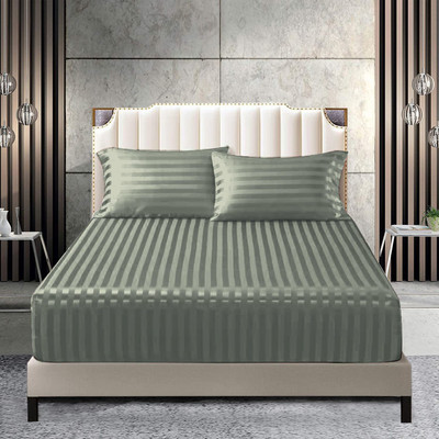 TURIYA 180 TC Microfiber Double Striped Fitted (Elastic) Bedsheet(Pack of 1, Grey)