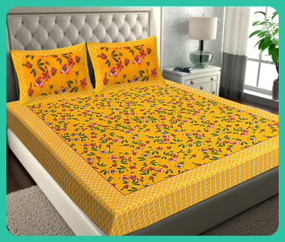 BedZone Cotton Double Flat 210 TC Jaipuri Prints Bedsheet(Pack of 1, Yellow)