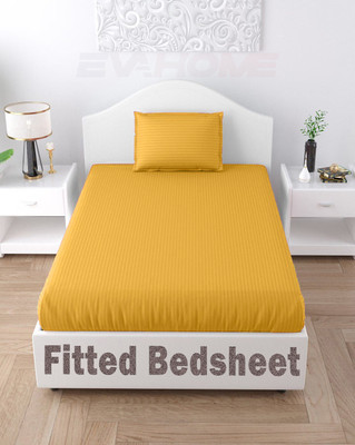 EVAHOME 300 TC Cotton Single Striped Fitted (Elastic) Bedsheet(Pack of 1, Yellow)