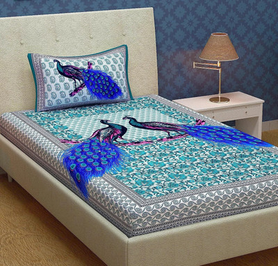 Homeline 144 TC Cotton Single Jaipuri Prints Flat Bedsheet(Pack of 1, Sea Green)