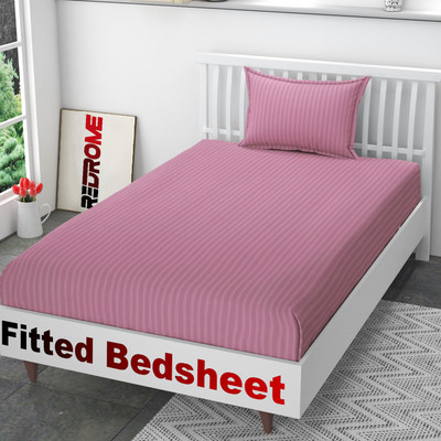 REDROME Cotton Single Fitted (Elastic) 300 TC Striped Bedsheet(Pack of 1, Baby Pink)