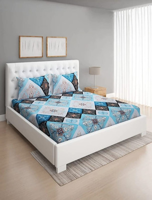 hargunz 144 TC Microfiber Queen Printed Fitted (Elastic) Bedsheet(Pack of 1, Blue)