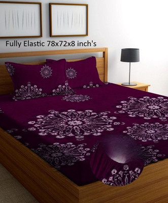BEDORISM Cotton King Fitted (Elastic) 260 TC Printed Bedsheet(Pack of 1, Maroon Damask)