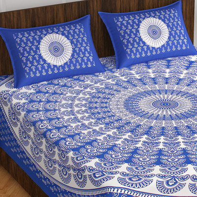 Home@shop Cotton Double Flat 144 TC Printed Bedsheet(Pack of 1, Blue)