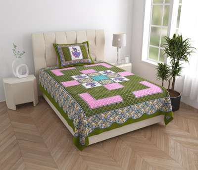 Rangun 120 TC Cotton Single Jaipuri Prints Flat Bedsheet(Pack of 1, Green)