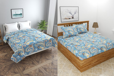 MORADO 210 TC Polycotton Double Printed Flat Bedsheet(Pack of 2, Blue)